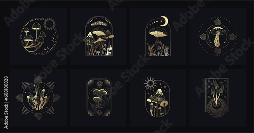 Set of logo with various mystical mushrooms. Hippie magic boho cards. Psychedelic vector illustration. Magic and boho texture. Hand drawn style