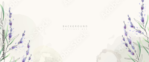 Watercolor bakground with lavender flowers and leaves. Floral foliage for wedding invitation, wall art or card template. Vector illustration. Luxury rustic