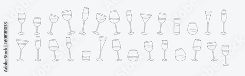 Collection of different glass and wineglass or drink cocktails. Minimal linear trendy style. Line icons for logo in restaurant or bar. Vector
