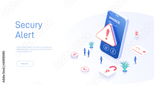 Security alert concept. System error. Laptop problem attention, exclamation mark. People next to the laptop solve the problem. Modern 3d isometric illustration.