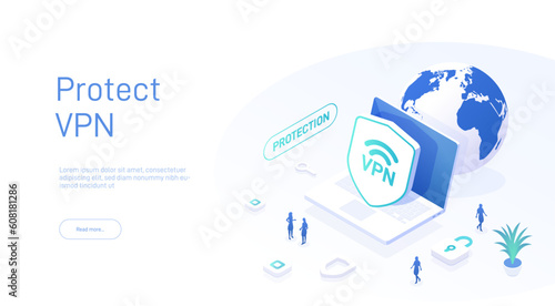 Vpn service concept. Secure internet surfing software for virtual protection network. Safe online access with laptop. Isometric vector illustration.