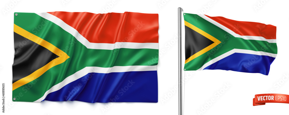 Vector realistic illustration of South African flags on a white background. Vector realistic illustration of South African flags on a white background.