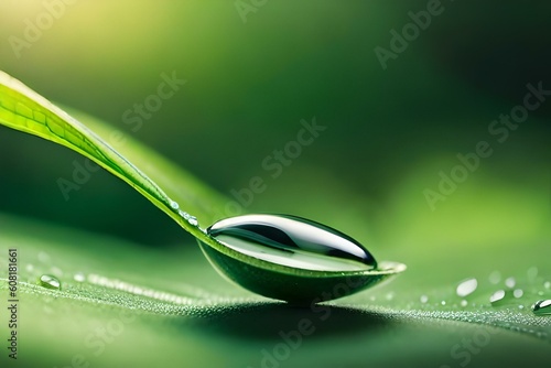 A detailed macro shot of a dewdrop resting on the surface of a leaf, capturing the beauty of nature's tiny details