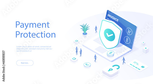 Concept of online payment protection. Secure banking. Isometric vector illustration of mobile data security. Financial security for online shopping, online payment with payment protection.