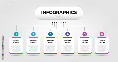 Mind map with six rectangular elements connected to main circle. Concept of business plan with 6 strategic steps. Minimal infographic design template.
