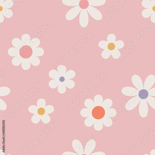 Floral pattern in the style of the 70s with groovy daisy flowers. Retro floral naive vector design. Style of the 60s, 70s, 80s