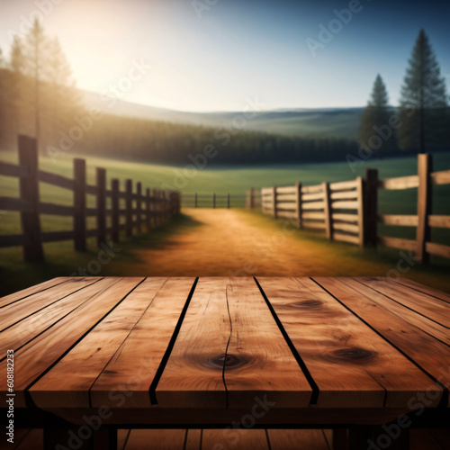 Empty wooden table for product display with field background ai generative
