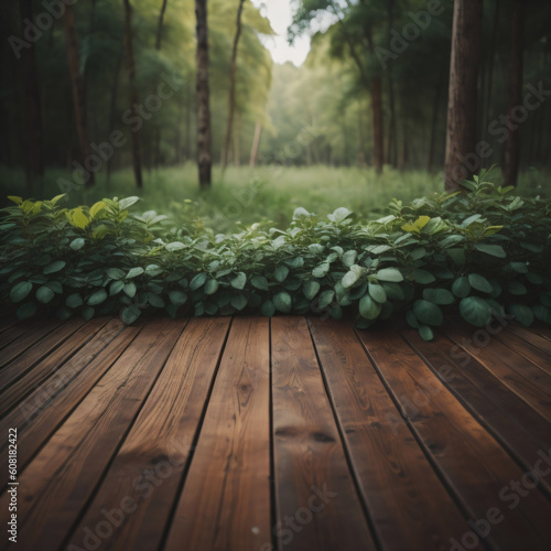 Empty wooden table for product display with field background ai generative