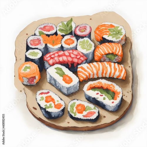 Colorful of sushi served on a wooden plate. Watercolor illustration