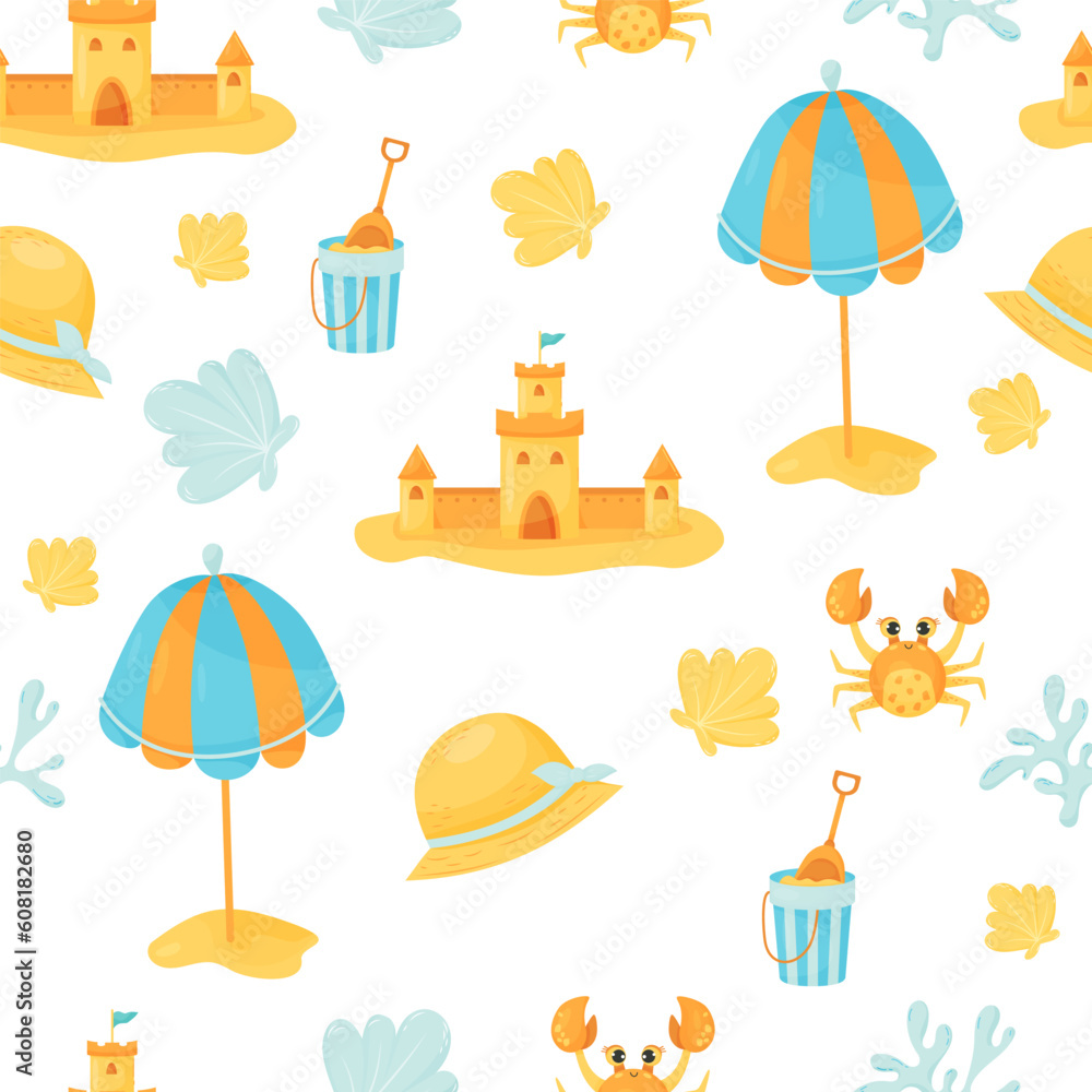 Summer seamless pattern with sand castle, sun umbrella, shell, crab and straw hat on white background. Vector illustration in flat cartoon style for design, wallpaper, wrapping paper, fabric. Summer seamless pattern with sand castle, sun umbrella, shell, crab and straw hat on white background. Vector illustration in flat cartoon style for design, wallpaper, wrapping paper, fabric.