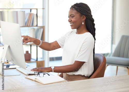 Obraz na plátně Black woman, computer and editor working in office or author, editing document or typing email, idea or planning