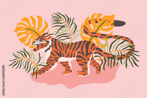 Vector background with abstract tiger in jungle. Retro japanese oriental style. Endangered animal. Flat hand drawn for t shirt print, logo, poster template, tattoo idea.