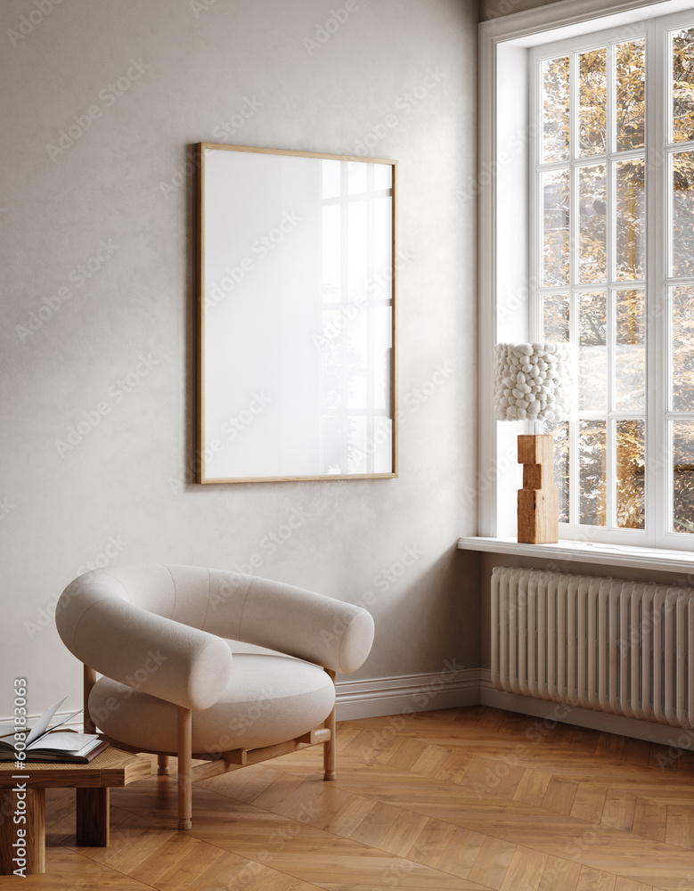 Frame mockup in contemporary minimalist beige room interior, 3d render - obrazy, fototapety, plakaty 