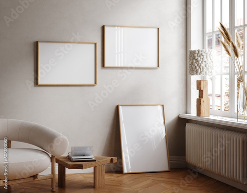 Frame mockup in contemporary minimalist beige room interior, 3d render