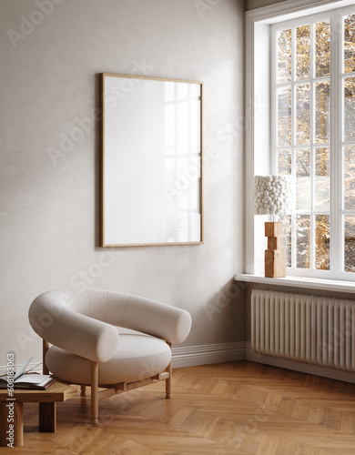 Fotografia Frame mockup in contemporary minimalist beige room interior, 3d render