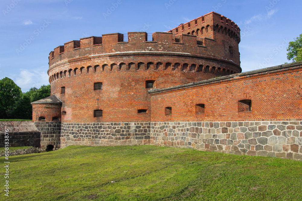 Forts of Kaliningrad. Walled city of Koenigsberg. Der Don Tower, built in 1854. German fortifications of 19th century for defense by German troops of city. East Prussia. Russia.