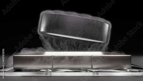 3d render of a superconducting material hovering over a set of neodymium magnets. photo