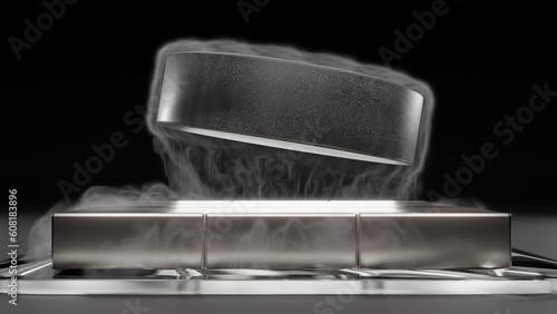 3d render of a superconducting material hovering over a set of neodymium magnets.