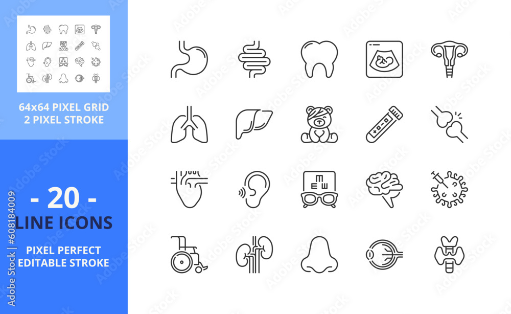 Line icons about medical specialties. Health care. Pixel perfect 64x64 and editable stroke Line icons about medical specialties. Health care. Pixel perfect 64x64 and editable stroke