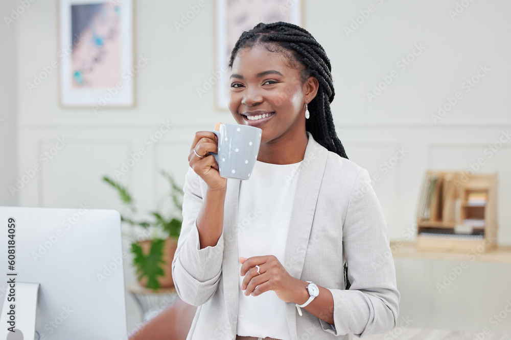 Black woman, business and smile portrait with coffee in office for corporate career. Face of professional african female entrepreneur or CEO with tea cup, success mindset or startup growth motivation