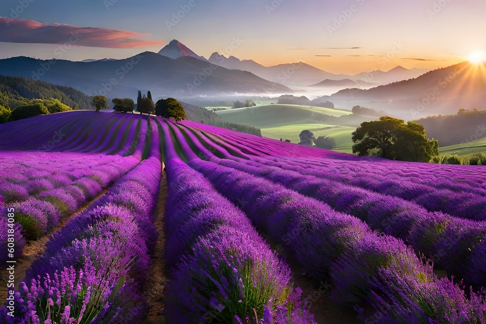 A sprawling field of lavender, with rows of purple flowers creating a soothing and aromatic landscape A sprawling field of lavender, with rows of purple flowers creating a soothing and aromatic landscape