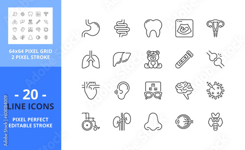 Line icons about medical specialties. Health care. Pixel perfect 64x64 and editable stroke
