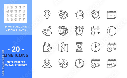 Line icons about location, time and date. Pixel perfect 64x64 and editable stroke