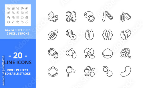 Line icons about nuts and seeds. Pixel perfect 64x64 and editable stroke