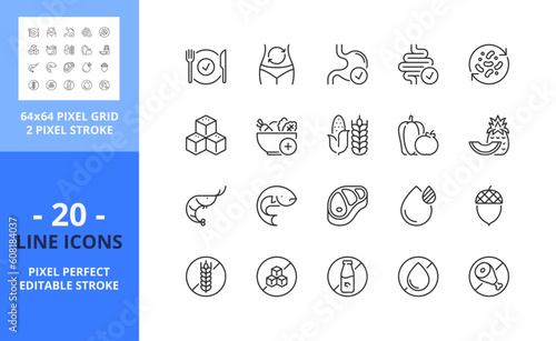 Line icons about nutrition, healthy food. Pixel perfect 64x64 and editable stroke