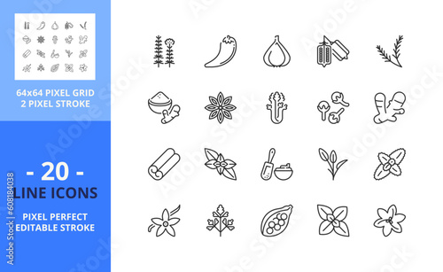 Line icons about spices and herbs Pixel perfect 64x64 and editable stroke