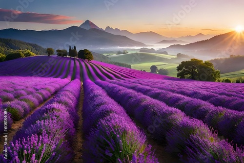 A sprawling field of lavender, with rows of purple flowers creating a soothing and aromatic landscape