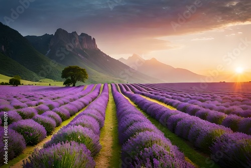 A sprawling field of lavender, with rows of purple flowers creating a soothing and aromatic landscape