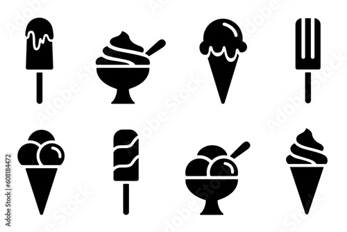 Ice cream black silhouette icons set on white. Balls in waffle cone, soft serve sundae in glass, popsicle on stick. Vector and png elements for minimal summer design, sweet snack illustration or logo