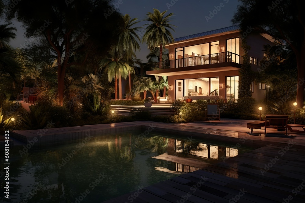 Beautiful backyard exterior villa. Generate Ai