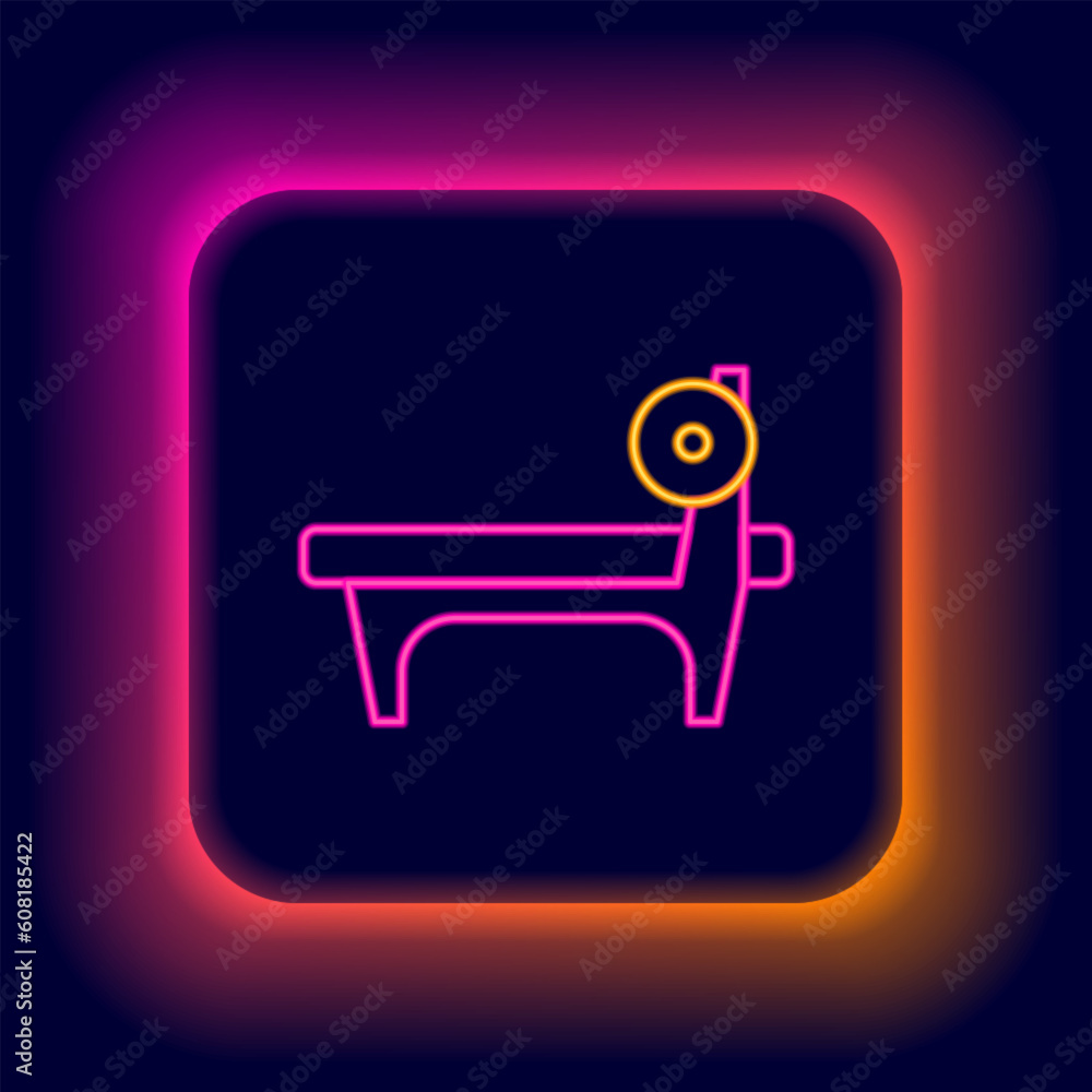 Glowing neon line Bench with barbel icon isolated on black background. Gym equipment. Bodybuilding, powerlifting, fitness concept. Colorful outline concept. Vector Glowing neon line Bench with barbel icon isolated on black background. Gym equipment. Bodybuilding, powerlifting, fitness concept. Colorful outline concept. Vector