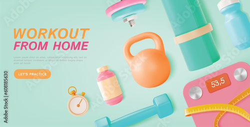 3d Workout for Home Ads Banner Concept Poster Card Cartoon Style. Vector illustration of Sport Activity Training Lifestyle