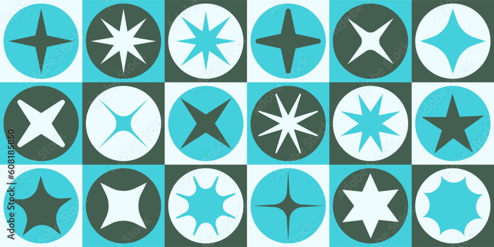 Y2K trendy shape pattern with stars and sparkles incide colored tiles, 2000s geometric decorative pattern. Y2K trendy shape pattern with stars and sparkles incide colored tiles, 2000s geometric decorative pattern.