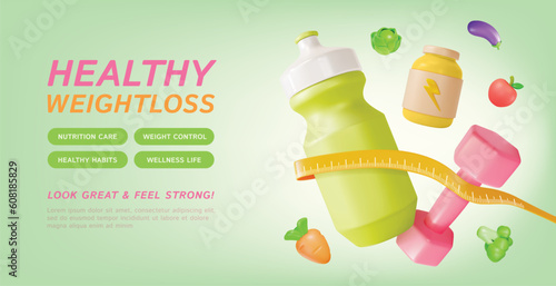 3d Healthy Weightloss Nutrition Care and Weight Control Ads Banner Concept Poster Card Cartoon Style. Vector illustration