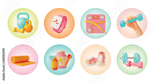 3d Health and Fitness Equipment in Circle Concept Cartoon Style Elements Include of Gym Equipment Dumbbell and Fitness Bracelet. Vector illustration