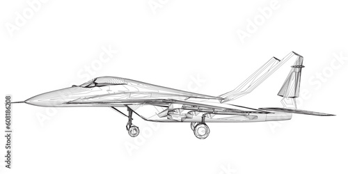 Military fighter jet outline. Vector art illustration of contour airplane. Modern war aircraft. Supersonic speed. 3D.