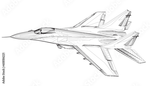 Military fighter jet outline. Vector art illustration of contour airplane. Modern war aircraft. Supersonic speed. 3D.