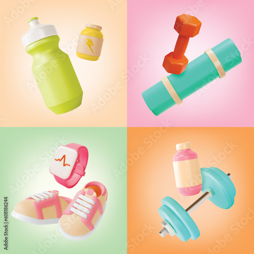 3d Health and Fitness Concept Cartoon Style Banner Poster Card Set Include of Water Bottle, Yoga Mat and Dumbbell. Vector illustration