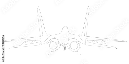 Military fighter jet outline. Vector art illustration of contour airplane. Modern war aircraft. Supersonic speed..