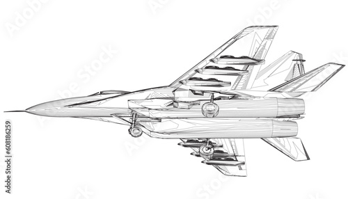 Military fighter jet outline. Vector art illustration of contour airplane. Modern war aircraft. Supersonic speed. 3D.