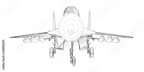 Military fighter jet outline. Vector art illustration of contour airplane. Modern war aircraft. Supersonic speed. 3D.