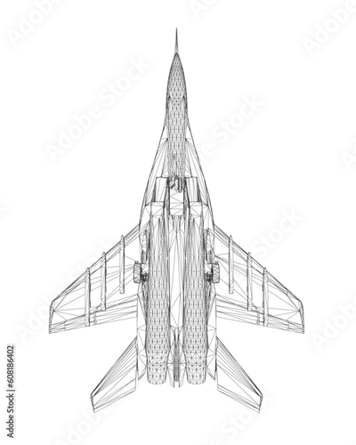 Military fighter jet wireframe. Vector art illustration of wireframe airplane. Modern war aircraft. Supersonic speed. 3D..