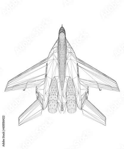 Military fighter jet wireframe. Vector art illustration of wireframe airplane. Modern war aircraft. Supersonic speed. 3D..
