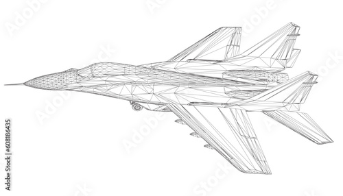 Military fighter jet wireframe. Vector art illustration of wireframe airplane. Modern war aircraft. Supersonic speed. 3D..