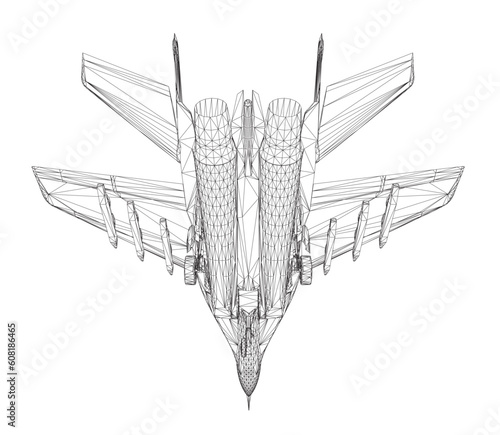 Military fighter jet wireframe. Vector art illustration of wireframe airplane. Modern war aircraft. Supersonic speed. 3D..