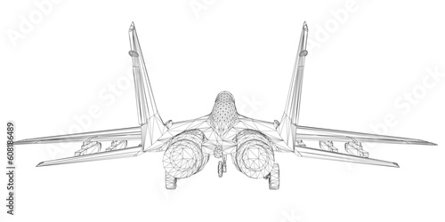 Military fighter jet wireframe. Vector art illustration of wireframe airplane. Modern war aircraft. Supersonic speed. 3D..